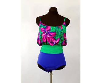 1980s swimsuit bathing suit Sirena blouson top maillot one piece tropical print shirred waist Size 12 Large