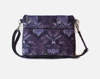 Purple Medium Zippered Crossbody Bag - Purple Messenger Purse - Fabric Cross Body Purse - Outside Pockets - Zipper Closure Shoulder Handbag
