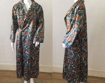 1930s House Robe | Deco Orange Rose Floral Print | Wrap Style | Vintage Loungewear Dressing Gown
