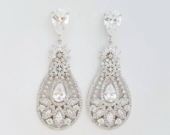 Crystal Wedding Earrings, Bridal Jewelry, Large Crystal Bridal Earrings, Cubic Zirconia Drop Earrings, Chandelier Earrings, Anastasia
