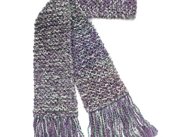 Purple Scarf, 6 ft Long Knit Scarf, Women Knitted Scarf, Chunky Knit Scarf, Lavender and White