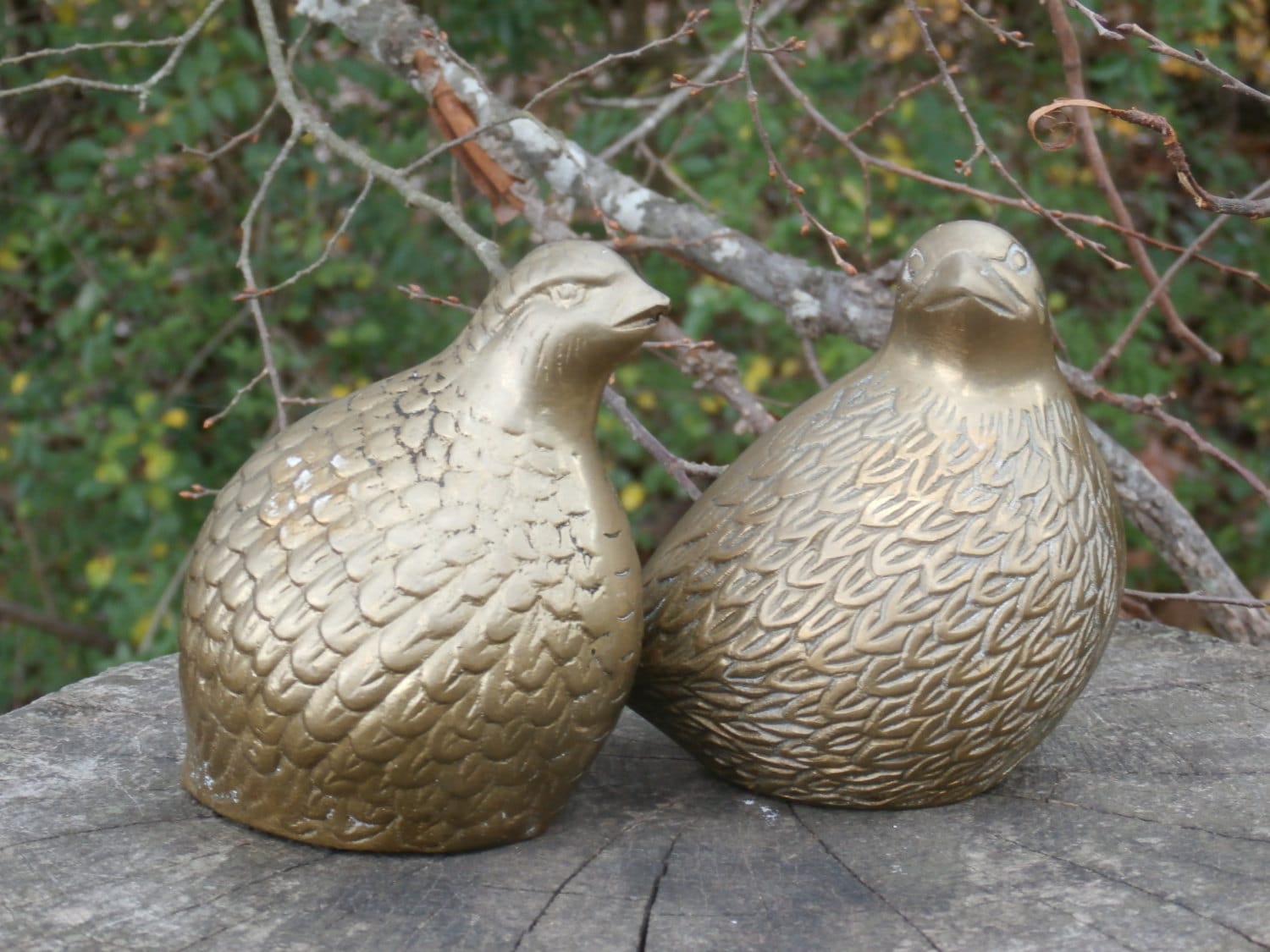 Pair of Brass Quail Figurines Little Plump Woodland Birds for