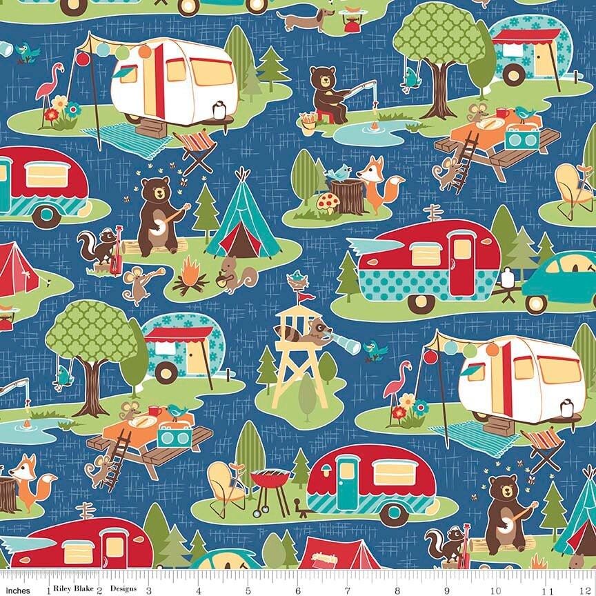 Road Trip Main Blue - Camper Camping Themed Fabric - Riley Blake C5620 ...