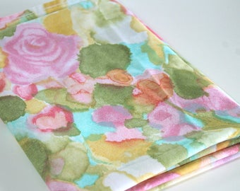 Vintage Sheet Fabric vintage reclaimed bed sheet linen fabric retro watercolor turquoise pink rose floral quilting camper decor fabric
