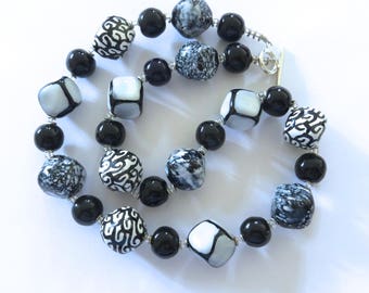 Kazuri Bead Necklace, Fair Trade Beads, Black White Ceramic Necklace, Statement Necklace