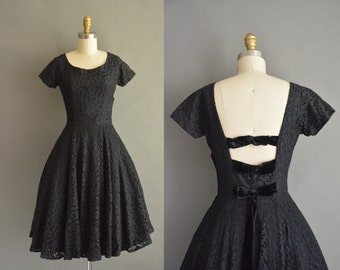 vintage black cotton lace 1950s low back vintage party dress. 50s dress / vintage 1950s dress