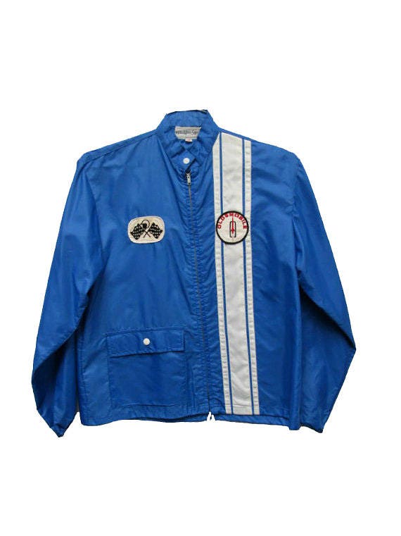 Vintage Racing Stripe Jacket Mens 1960s Blue Nylon Oldsmobile