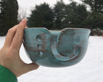 Earth Tone Ceramic Yarn Bowl - Robin's Egg Blue - Rustic Blue and Rust