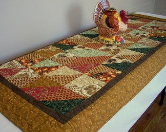 Turkey Table Runner Quilted Thanksgiving Leaves Pumpkins Quiltsy Handmade Quilt FREE US Shipping