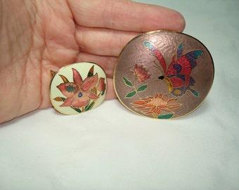 1970s Cloisonné Butterfly Flowered Belt Buckles.