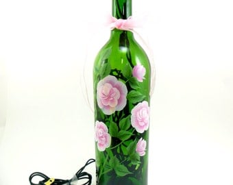 Lighted Wine Bottle Pink Roses MADE TO ORDER Hand Painted 750 ml