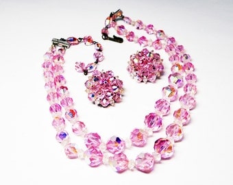 Vintage LAGUNA Necklace & Earrings Set - Multi Strand Choker and Clip on Earrings - Cotten Candy Pink AB Crystal Demi Parure - Signed Laguna