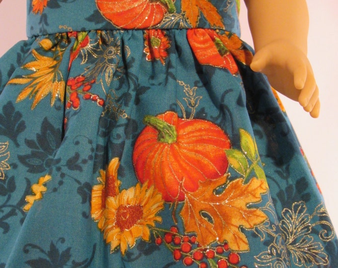Fall teal and pumpkin print dress fits 18 inch dolls
