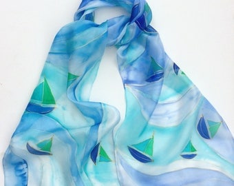 Blue Boats hand painted silk scarf. Silk scarves.