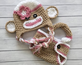 Pink sock monkey hat, diaper cover, newborn photo prop, sock monkey halloween costume, baby sock monkey hat, crochet baby hat, infant monkey