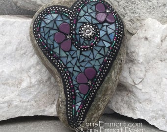 Denim Blue Heart with Purple Flowers -Mosaic / Garden Stone
