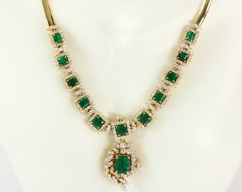 Natural Colombian Emerald Set, Emerald Bracelet, Emerald Necklace, Diamond Necklace & Bracelet, 18K Yellow Gold Jewelry Emerald Suite