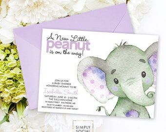 Purple Elephant Baby Shower Invitation - It's a Girl Watercolor Elephant Modern Baby Shower Lilac Purple and Grey Little Peanut Printable