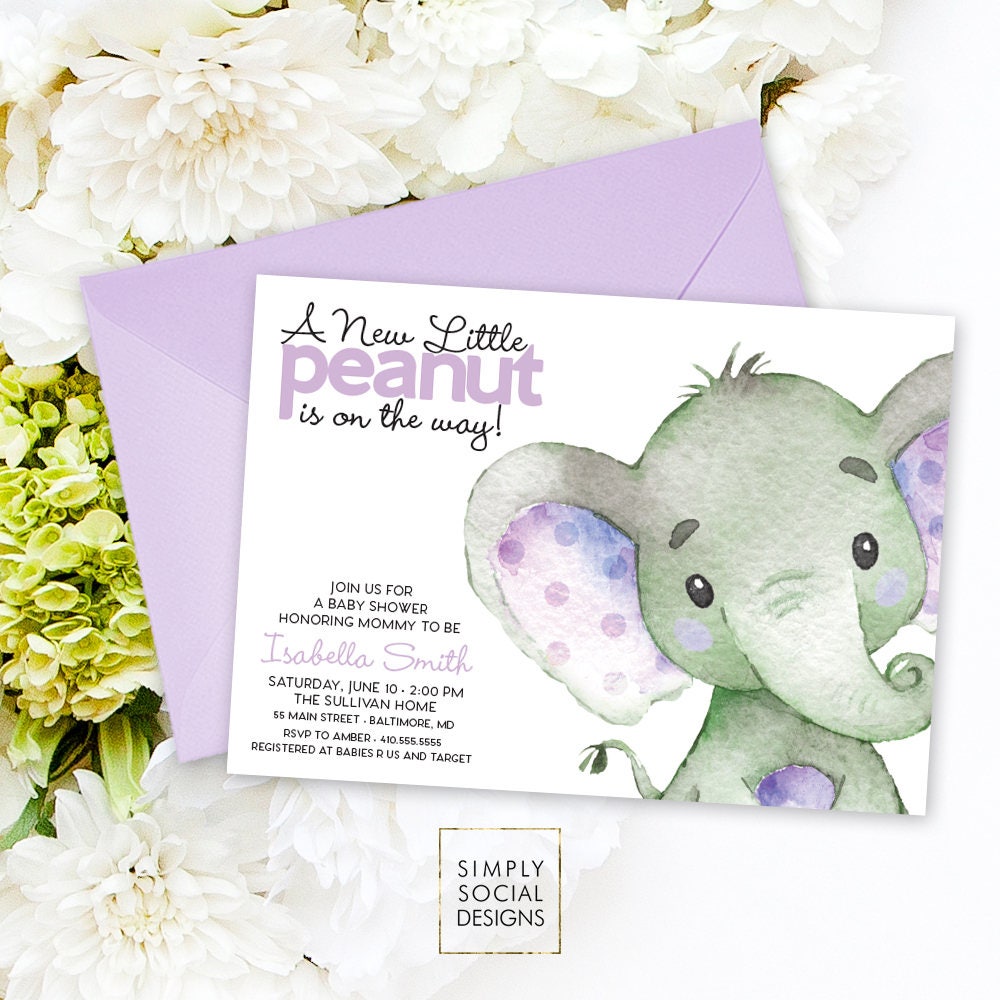 Purple Elephant Baby Shower Invitations 1