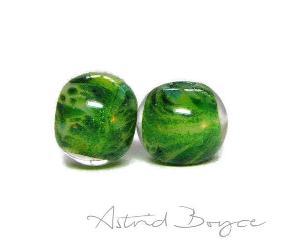 Fir Trees Round Beads Artisan Lampwork Bead Pair - Free USA Shipping - Pantone Greenery - Pantone 2017 Color of the Year-Adventurine Sparkle