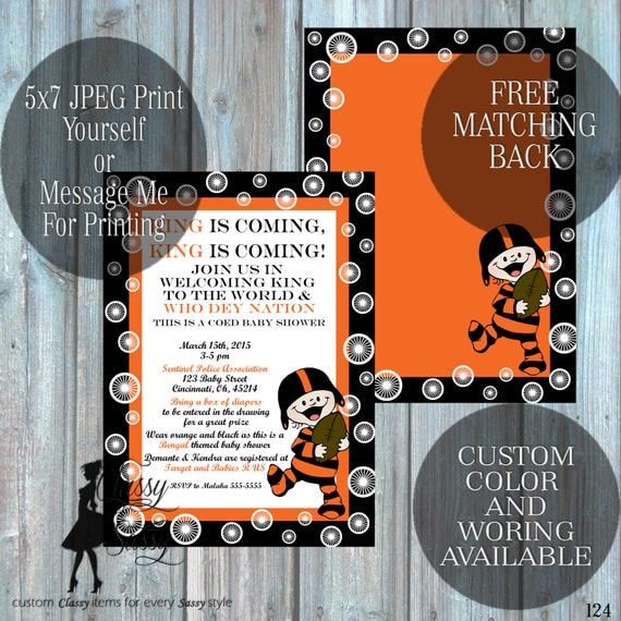 Bengals Them Baby Shower Invitation, Cinncinatti Theme baby SHower, Football Theme Baby Shower Black and Orange -124