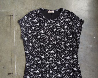 Vtg 90's Floral Print Black Slinky Dress Cap Sleeve Size Medium Large