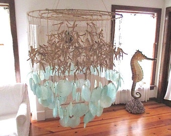 Large Nautical Turquoise Capiz Shell/Cut Coconut Chandelier