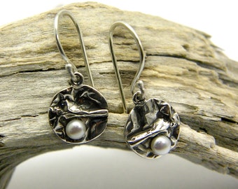 Small dangle pearl earrings sterling silver wrinkled silver disc white pearl jewelry