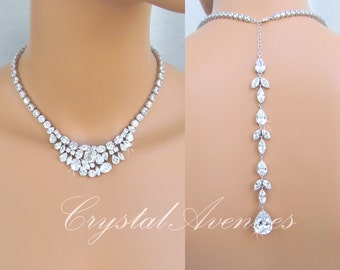 Back Drop Bridal Necklace, Crystal Wedding Necklace, Statement Necklace, Back drop, Crystal Bridal Earrings, Keelin Bridal Jewelry SET