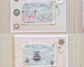 Greeting cards, set of 2 blank cards, french style bumble bee and butterfly birthday cards, June birthday card, all occasion greeting cards