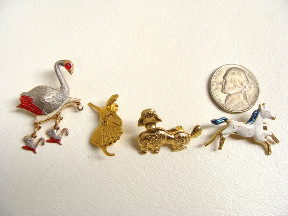 4 Tiny Tin Hong Kong Pins Brooches. Swan Brooch. Ballerina Brooch. Horse Brooch. Poodle Brooch. Enamel Jewellery. Vintage Jewelry