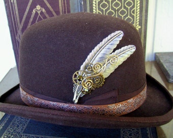 Silver Plated Brass Feather Hat Pin (HP700) Bronze Gears and Swarovski Crystals, Tie Tack