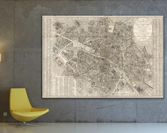 Vintage Antique Print of Detailed Paris Street Map on Matte Paper, Photo Paper or Stretched Canvas