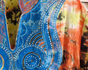 Vintage Tie Dye Kaftan Maxi Dress Free Size S M L Embroidered Psychedelic 60s 70s Boho Hippie Gypsy Club Kid Geisha Grunge 90s Mod Festival