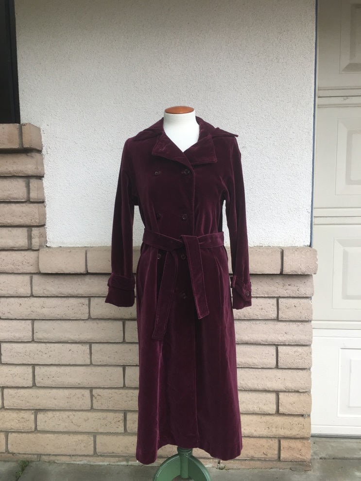 Vintage Burgundy Velvet Trench Coat Double Breasted Wbelt By 4718