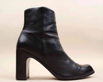 90s does 60s Vtg Black Genuine Leather Zip Up Chelsea Ankle Boots / Mod Platform Chunky Heel Mod Rock N Roll 11 Eu 42.5 43