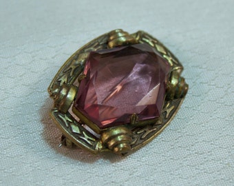 Victorian Brass Brooch with Amethyst Glass Stone