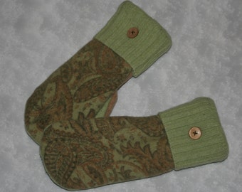 Upcycled Wool Mittens fleece lined from Recycled Wool Sweaters Paisley Sage Green Felted Wool Sweater Mittens-Womens Accessories-OOAK