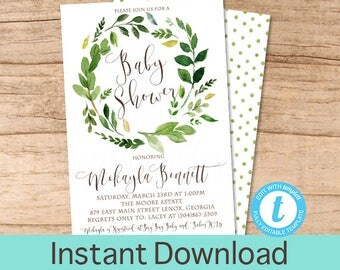 Baby Shower Invitation, Watercolor Greenery Baby Shower invitation, Botanical Watercolor Invitation, Instant Download