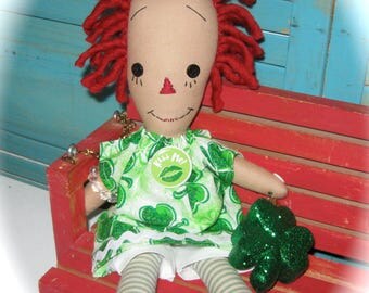 Raggedy Annie Ann Irish Rag Doll With Glittery Shamrock OOAK Handmade