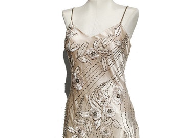 Light Beige Satin & Chiffon Cocktail Dress / Embroidery Flower Beaded Dress