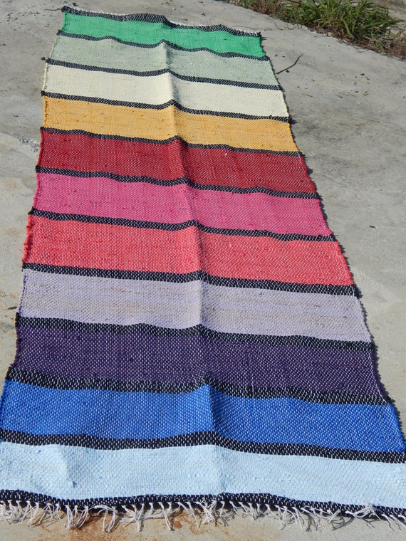 Rainbow with black handwoven hall runner Rag rug rug