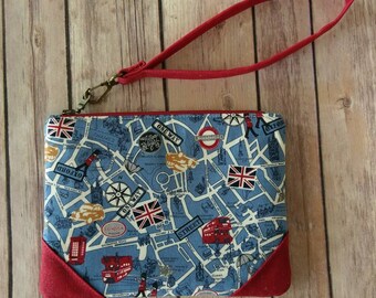 London Map Wristlet|Clutch Bag|Red Waxed Canvas Clutch|British Fabric|Clutch Purse|Wristlet|Evening Purse|Handbag|Anglophile gift