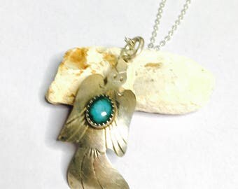 Vintage Native Bird Pendant/Necklace, turquoise, stamped Sterling, Clearance Sale, Item No. S092