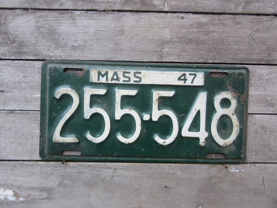 Vintage Massachusetts License Plate 1947 Green & White Aged