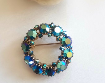 Circle Brooch, Vintage Blue AB Rhinestone Circle Pin, Something Blue