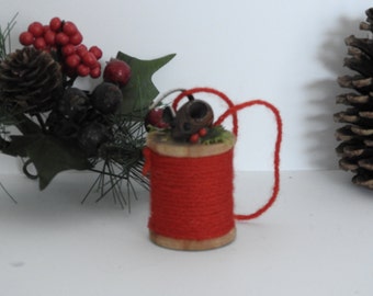 Vintage Teak Mouse and Spool Ornament