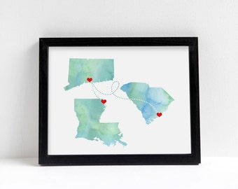 Any Three States Wedding Gift Personalized State Watercolor Series Art Print Long Distance Map Art Engagement Bridal Shower Water Color Gift