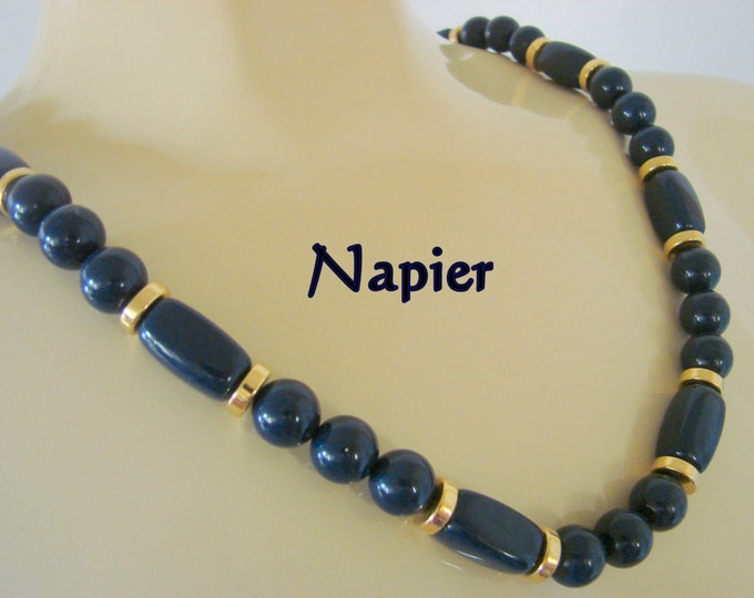 Vintage Retro Napier Navy Goldtone Lucite Bead Necklace Designer Signed Retro Jewelry Jewellery