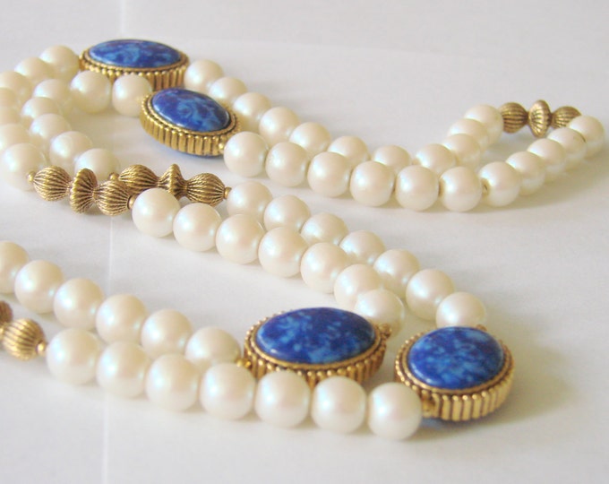 Long Vintage Designer Signed 1928 Simulated Pearl Blue Lucite Necklace Jewelry Jewellery